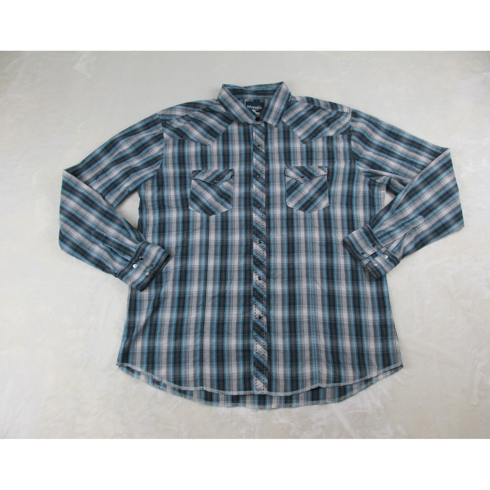 Wrangler Shirt Mens 2XL XXL Blue Plaid Button Up Pearl Snap Cowboy Western